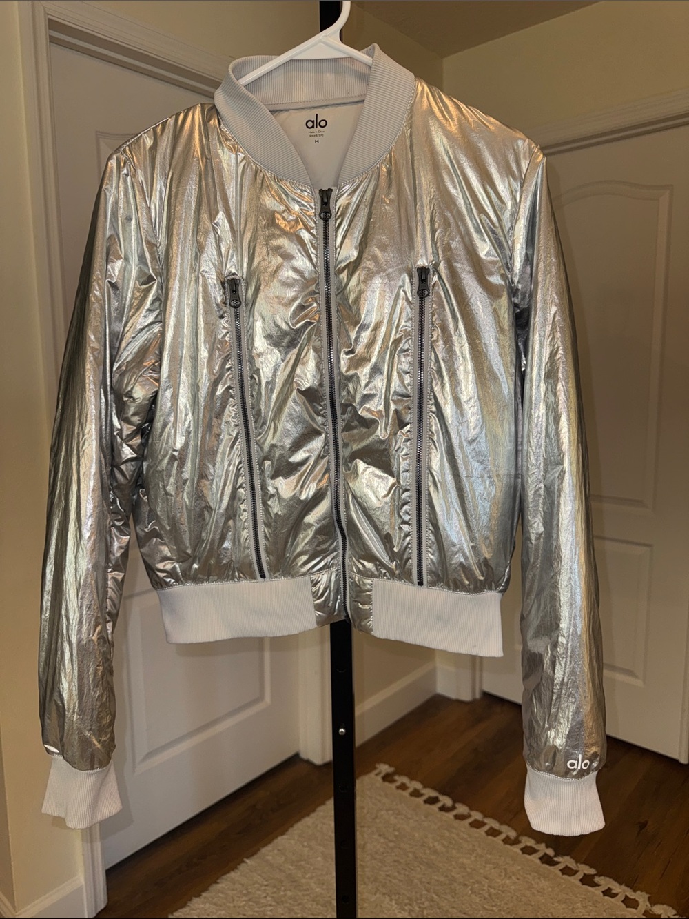 Alo Silver Metallic Bomber Jacket - Size M